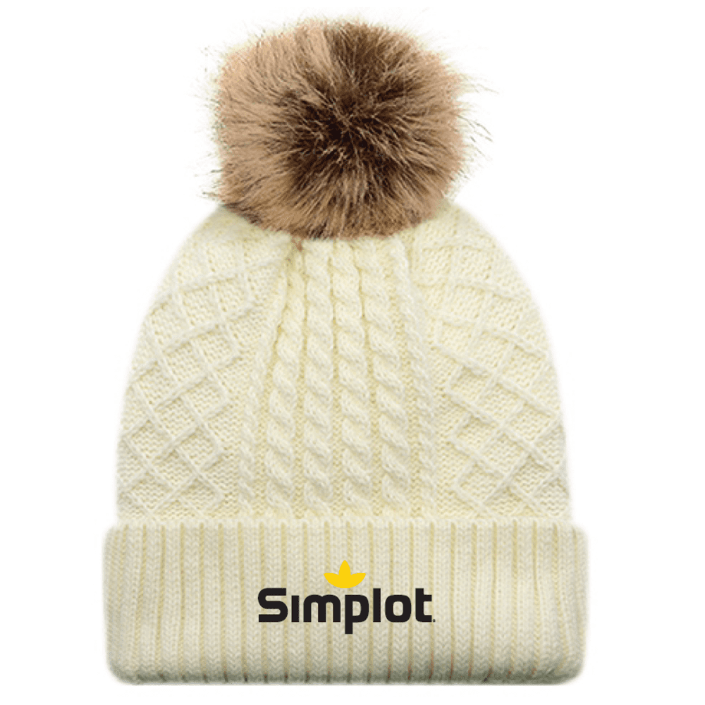 1E140L Acrylic/Polyester Satin Women's Pom Pom Toque - Ivory/Beige